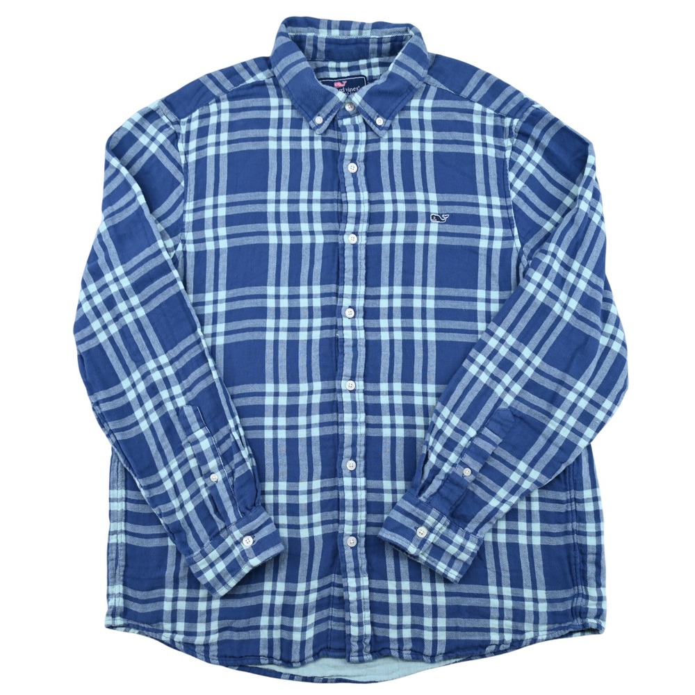 100% Cotton Vineyard Vines Whale Shirt L Blue Mint Green Plaid Classic Fit Mens